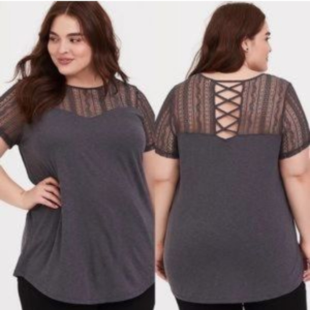 Torrid, heather gray, lace yoke top